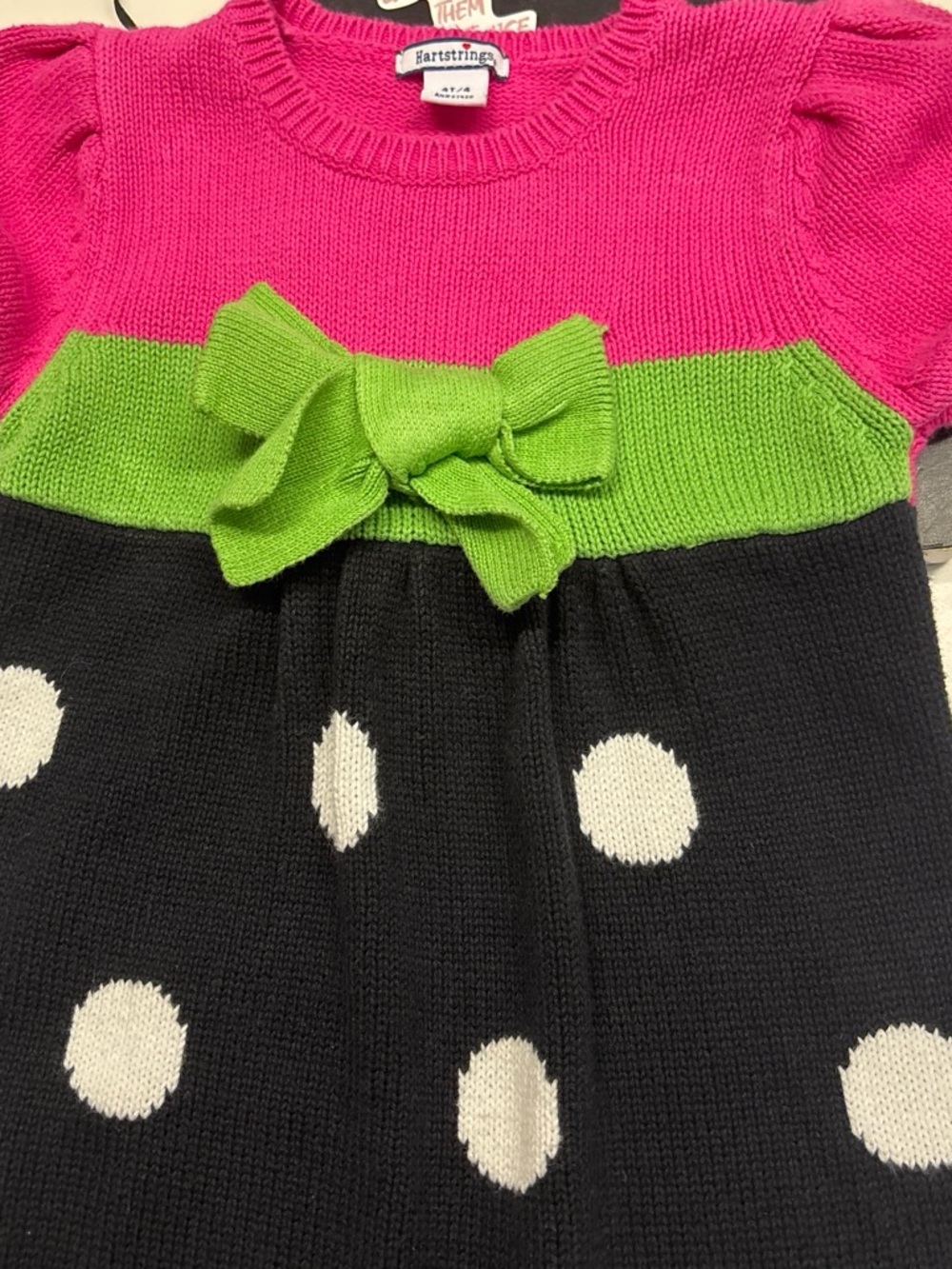 Hartstrings Hot Pink, Lime & Black Polka Dot Knit Dress with Bow